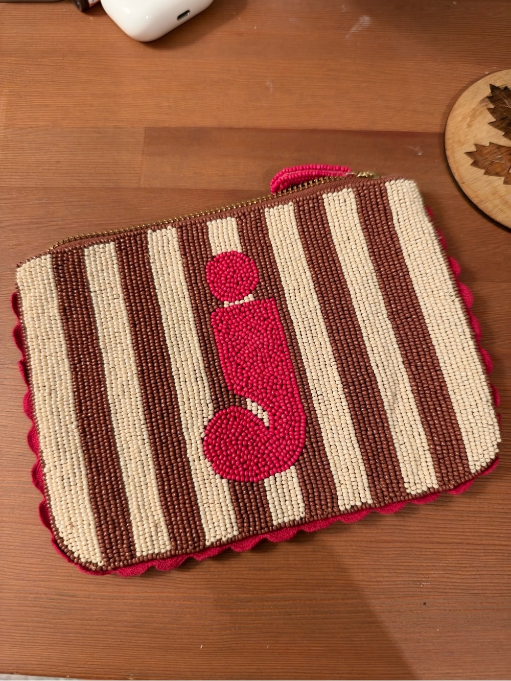 Anthropologie - Beaded Striped Wristlet Pouch in Brown, Cream & Pink Monogram J
